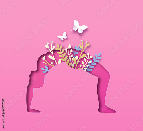 Paper cut yoga backbend pose nature leaf cutout