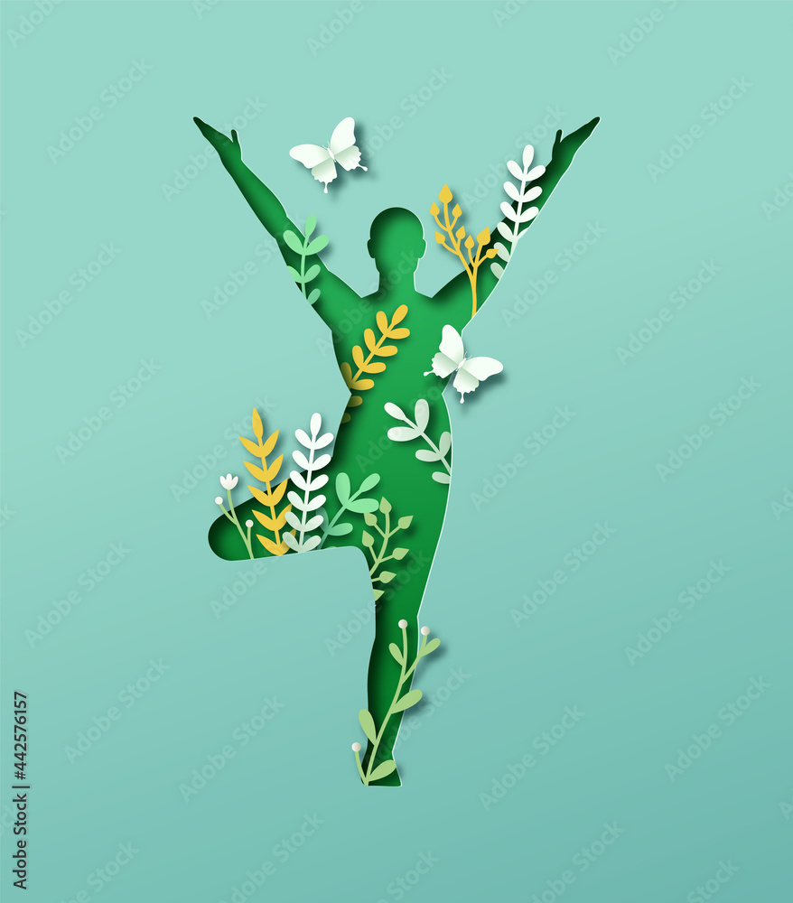 Fototapeta premium Papercut yoga tree pose nature leaf cutout concept
