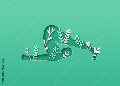 Paper cut yoga plough pose nature leaf body