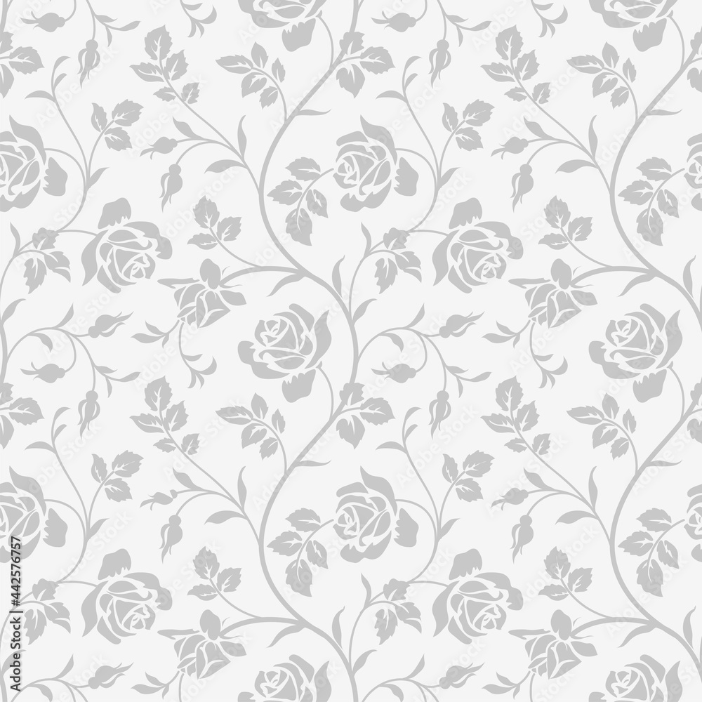 Seamless pattern with abstract garden roses, with stems and leaves silhouette. Background with blossoming flowers. Vintage floral hand drawn wallpaper. Vector stock illustration.