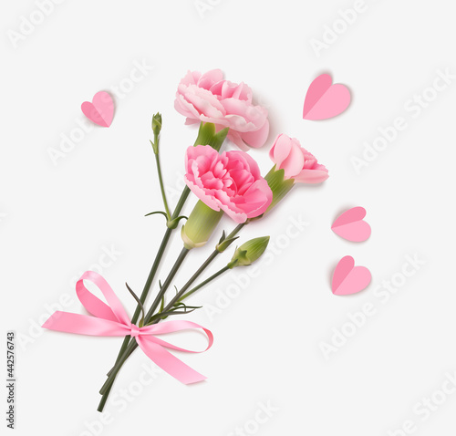 Bouquet of realistic pink carnation tied with a pink bow  and paper hearts isolated on white. Vector illustration.	