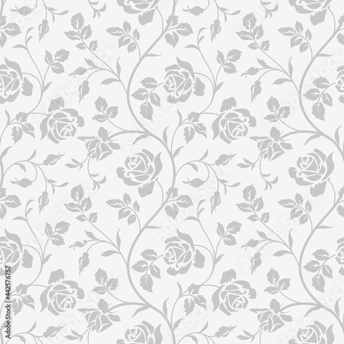 Seamless pattern with abstract garden roses, with stems and leaves silhouette. Background with blossoming flowers. Vintage floral hand drawn wallpaper. Vector stock illustration.