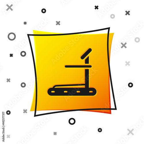 Black Treadmill machine icon isolated on white background. Yellow square button. Vector