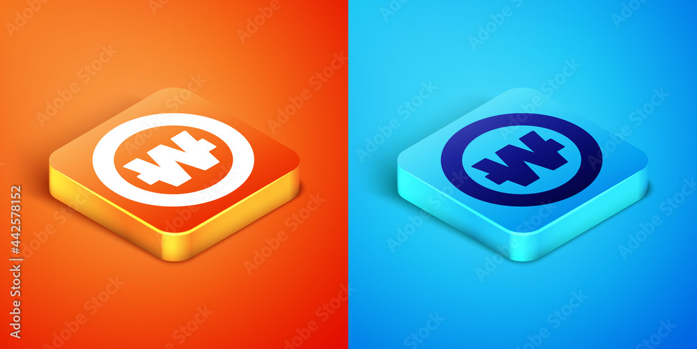 Isometric South Korean won coin icon isolated on orange and blue background. South Korea currency business, payment and finance. Vector Isometric South Korean won coin icon isolated on orange and blue background. South Korea currency business, payment and finance. Vector