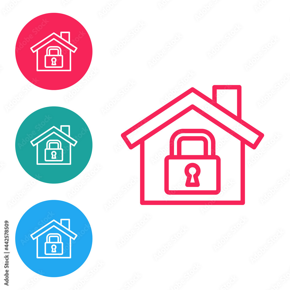 Red line House under protection icon isolated on white background. Home and lock. Protection, safety, security, protect, defense concept. Set icons in circle buttons. Vector Red line House under protection icon isolated on white background. Home and lock. Protection, safety, security, protect, defense concept. Set icons in circle buttons. Vector