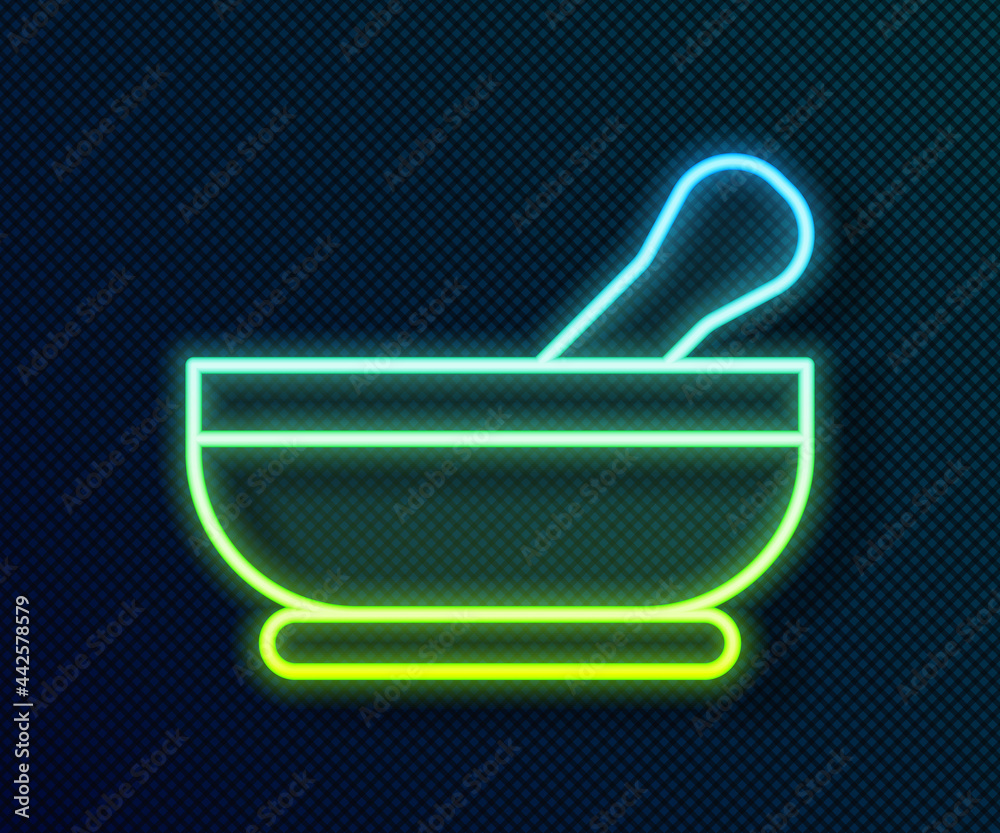 Glowing neon line Mortar and pestle icon isolated on black background. Vector
