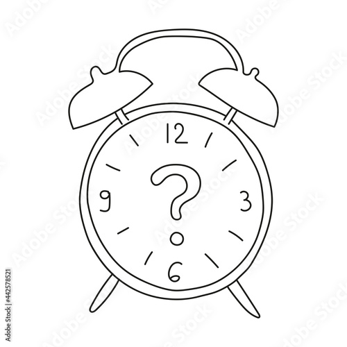 Alarm clock with a question mark instead of arrows. Vector illustration for printing on a postcard, textiles, poster, cover.