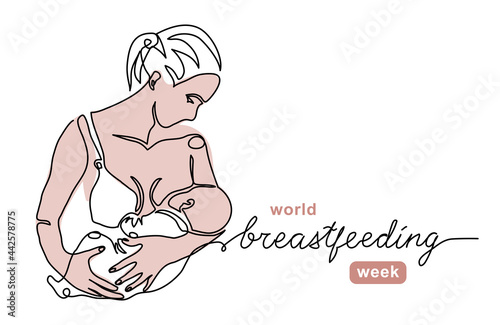 World Breastfeeding Week vector illustration with mother and baby. Minimal background, banner, poster, illustration with lettering breastfeeding