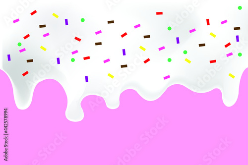 Vector white milk flavored ice cream dipping and multicolored toppings on ice cream texture.