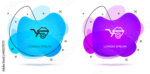 Line Wheelbarrow with dirt icon isolated on white background. Tool equipment. Agriculture cart wheel farm. Abstract banner with liquid shapes. Vector