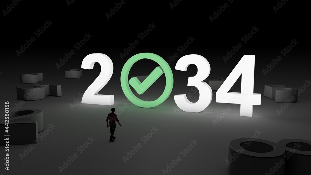 3D illustration of the number 2034 with Check mark icon with and man walking towards it 3D illustration of the number 2034 with Check mark icon with and man walking towards it
