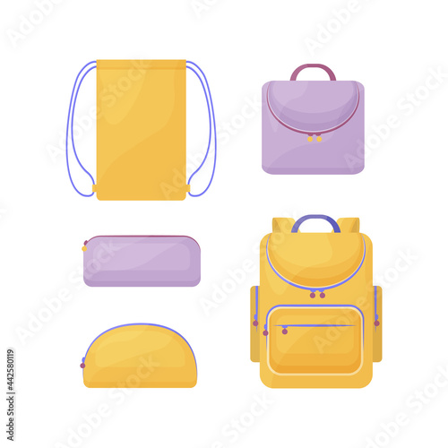 A school kit consisting of yellow and lilac school bags, such as a backpack, a rectangular and round pencil case for pens and pencils, a shoe bag and a briefcase. Vector on a white background