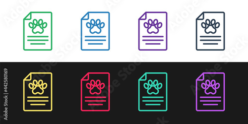 Set line Clipboard with medical clinical record pet icon isolated on black and white background. Health insurance form. Medical check marks report. Vector