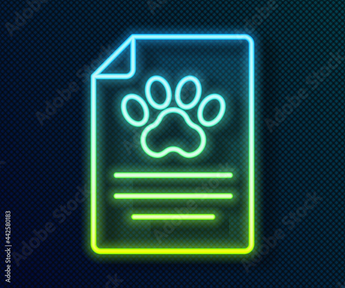 Glowing neon line Clipboard with medical clinical record pet icon isolated on black background. Health insurance form. Medical check marks report. Vector