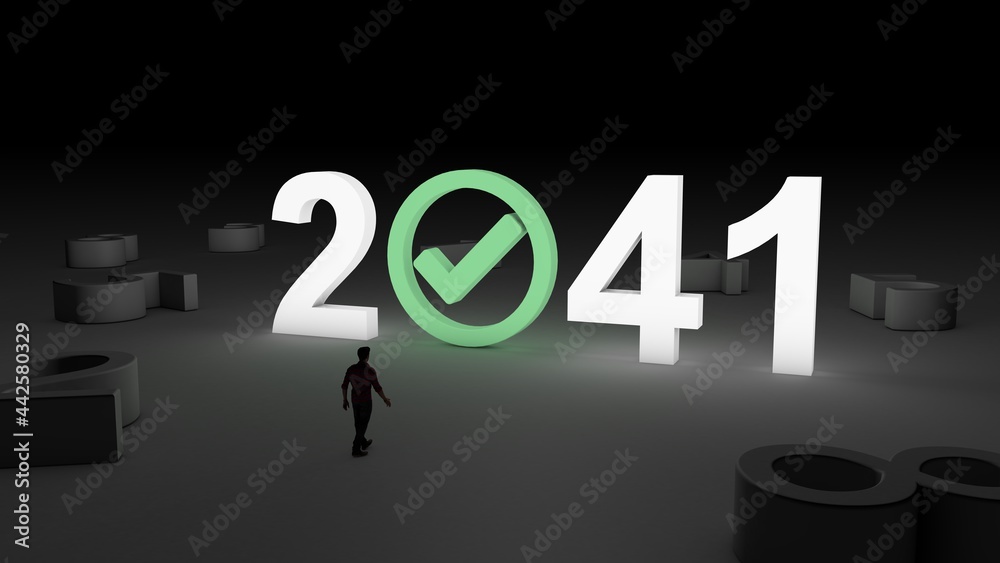 3D illustration of the number 2041 with Check mark icon with and man walking towards it 3D illustration of the number 2041 with Check mark icon with and man walking towards it