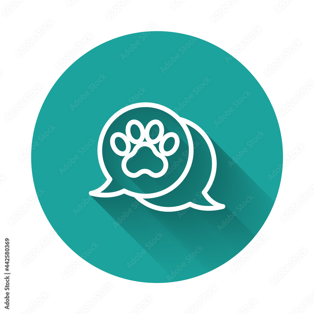 White line Paw print icon isolated with long shadow background. Dog or cat paw print. Animal track. Green circle button. Vector White line Paw print icon isolated with long shadow background. Dog or cat paw print. Animal track. Green circle button. Vector