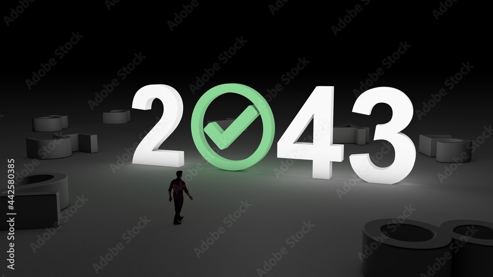 3D illustration of the number 2043 with Check mark icon with and man walking towards it 3D illustration of the number 2043 with Check mark icon with and man walking towards it