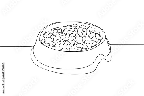 Continuous one line of dry dog treats in bowl in silhouette on a white background. Linear stylized.Minimalist.