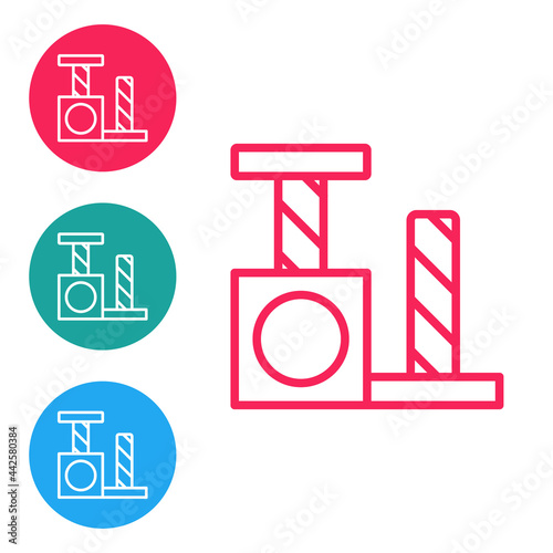 Red line Cat scratching post with toy icon isolated on white background. Set icons in circle buttons. Vector