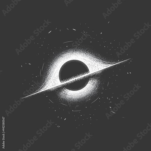 Original monochrome vector illustration.  Black hole, event horizon, stars. photo