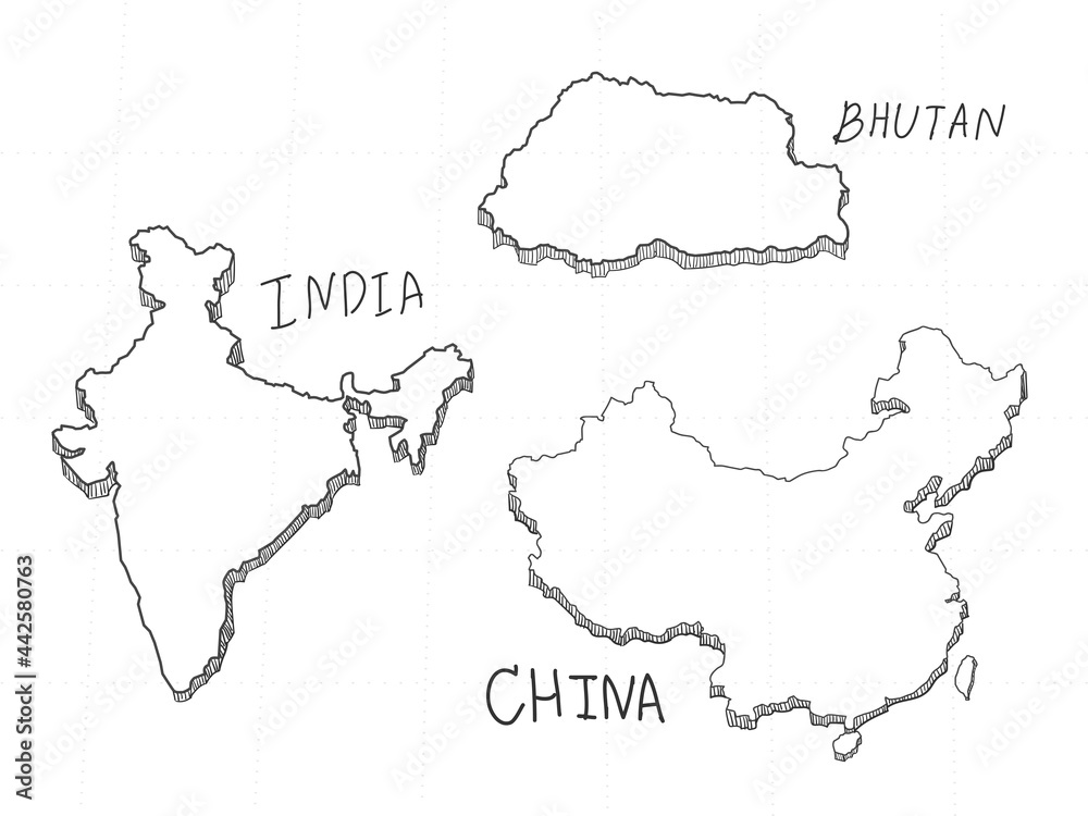 3 Asia 3D Map is composed Bhutan, China and India. All hand drawn on white background.