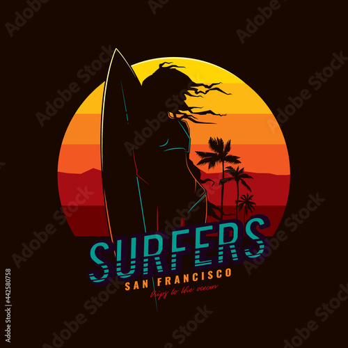 Original vector illustration in vintage style. A girl with a surfboard on the background of a retro sunset, mountains and palm trees. T-shirt Design
