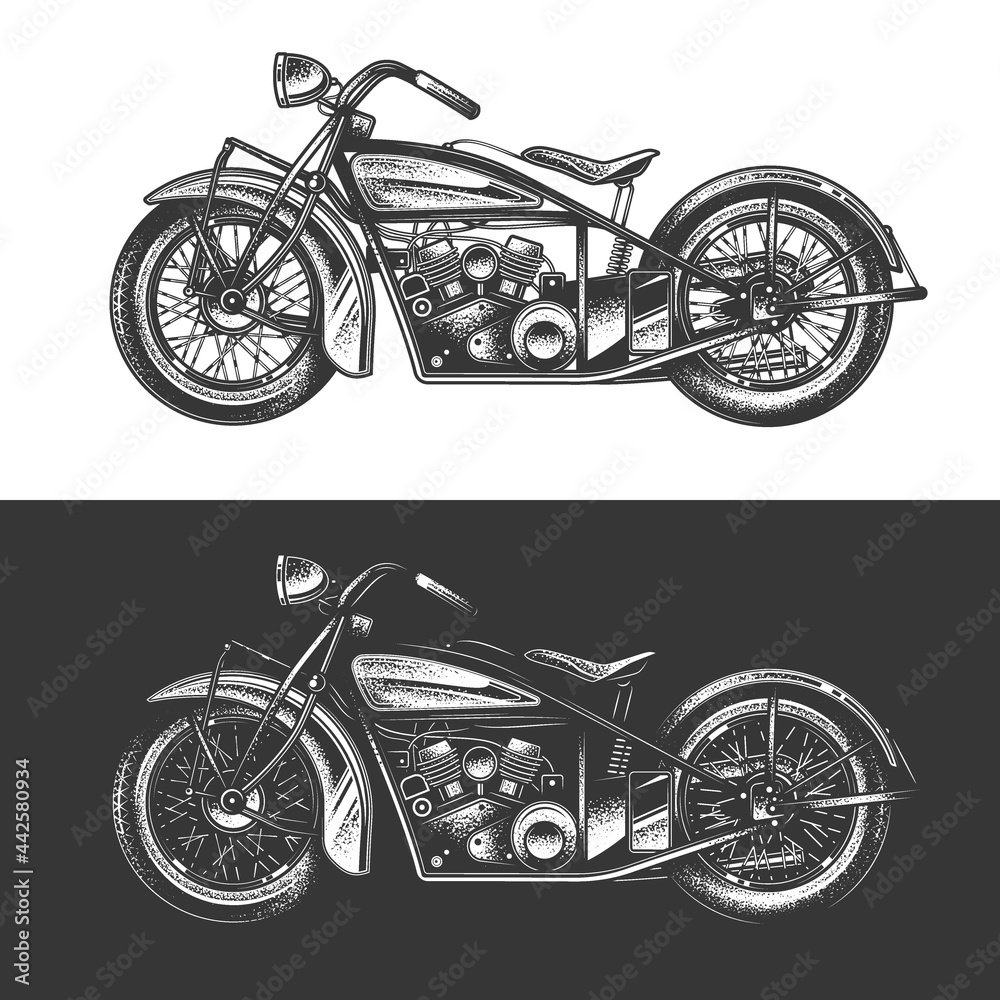 Fototapeta premium Original monochrome vector illustration in retro style on a white and black background. An American custom-made motorcycle. T-shirt Design