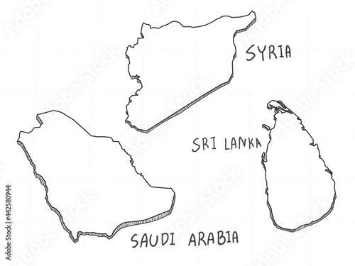 3 Asia 3D Map is composed Sri Lanka, Syria and Saudi Arabia. All hand drawn on white background.