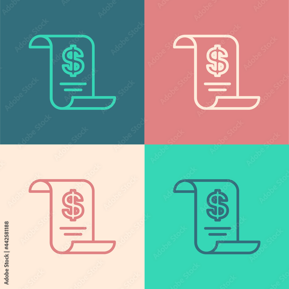 Pop art line Paper or financial check icon isolated on color background. Paper print check, shop receipt or bill. Vector Pop art line Paper or financial check icon isolated on color background. Paper print check, shop receipt or bill. Vector