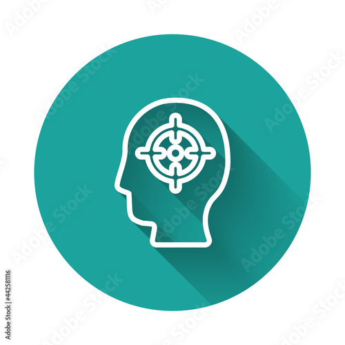 White line Head hunting icon isolated with long shadow background. Business target or Employment sign. Human resource and recruitment for business. Green circle button. Vector