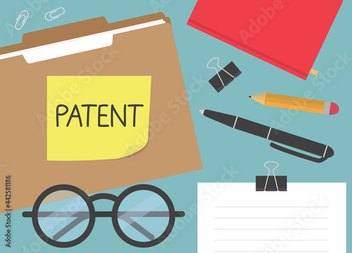 patent written on yellow sticky note on file folder- vector illustration