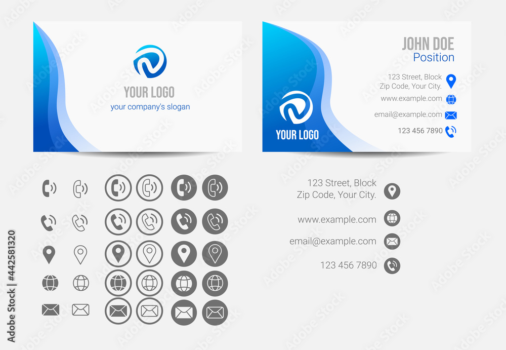 Business Card. set of icons to customize card layout. Vector Illustration. Blue details. Modelo de Cartão de visita