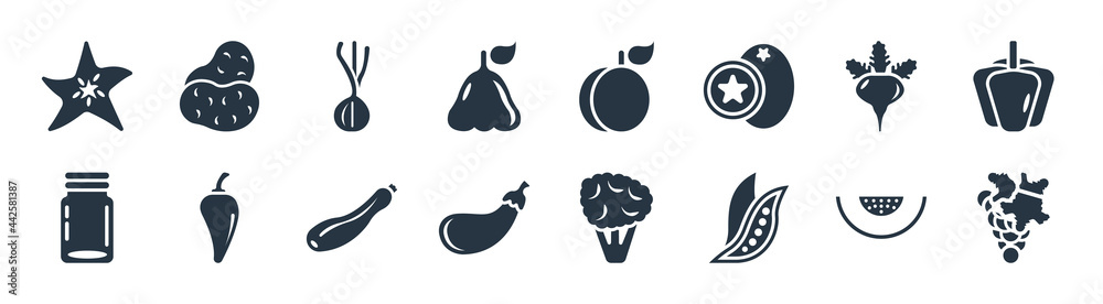fruits filled icons. glyph vector icons such as grape, peas, aubergine, mason jar, radishes, spring onion, apricot, potatoes sign isolated on white background.