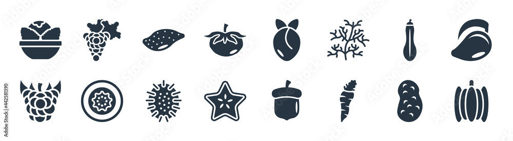 fruits filled icons. glyph vector icons such as pumpkin, horseradish, carambola, raspberry, courgette, sweet potato, plum, grapes sign isolated on white background. fruits filled icons. glyph vector icons such as pumpkin, horseradish, carambola, raspberry, courgette, sweet potato, plum, grapes sign isolated on white background.