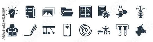education filled icons. glyph vector icons such as unicorn, wake up, cellphone, kids, molecular bond, pictures, maths, exam sign isolated on white background.
