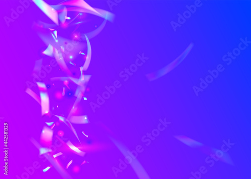 Hologram Confetti. Iridescent Tinsel. Party Flyer. Blue Laser Glitter. Fiesta Foil. Glitch Effect. Retro Carnaval Illustration. Unicorn Art. Violet Hologram Confetti