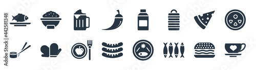 food filled icons. glyph vector icons such as hot coffee cup with hearts, sardines, sausages, sushi and chopsticks, triangular pizza slice, jar of beer, milky, rice bowl sign isolated on white
