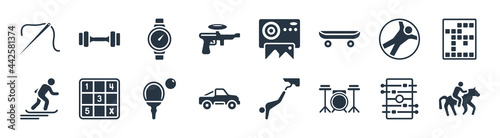 hobbies filled icons. glyph vector icons such as riding, drum set, buggy, snowboarding, zorbing, watches, instant camera, dumbell sign isolated on white background.