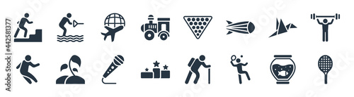 free time filled icons. glyph vector icons such as tennis racket, badminton, pedestal, jumping, origami, traveling, billiard, wakeboarding sign isolated on white background.