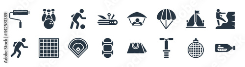 free time filled icons. glyph vector icons such as ship in a bottle, pogo stick, skateboarding, running man, camping, sports, hang glider, bowling sign isolated on white background.