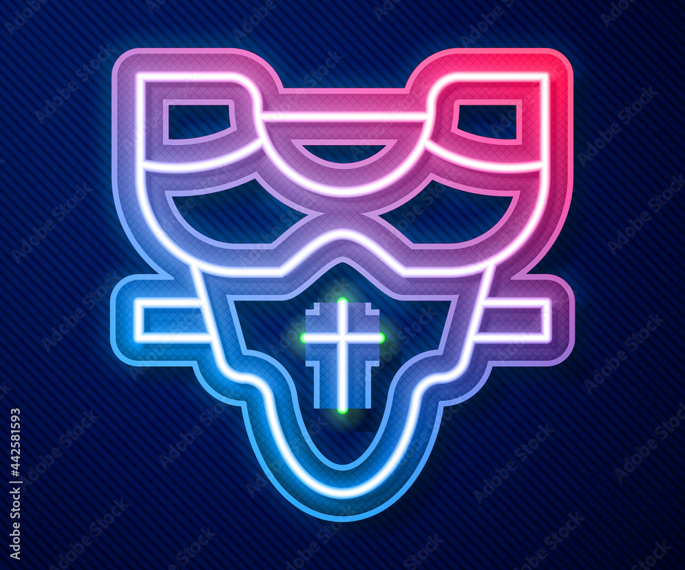 Glowing neon line American football player chest protector icon isolated on blue background. Shoulder and chest protection for upper body. Team sports. Vector Glowing neon line American football player chest protector icon isolated on blue background. Shoulder and chest protection for upper body. Team sports. Vector