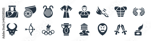 greece filled icons. glyph vector icons such as ink and quill, aristotle, amphora, minotaur, armor, lyre, alexander the great, chariot sign isolated on white background.