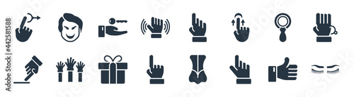 gestures filled icons. glyph vector icons such as eyelash, hand pointer, dubious, smudge, look up, hanging over the key, finger up, joker face sign isolated on white background.