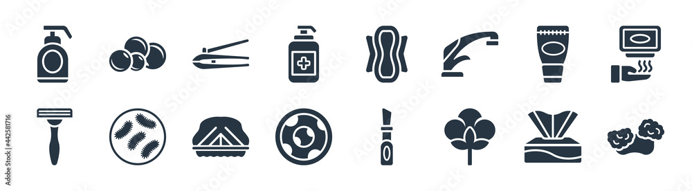hygiene filled icons. glyph vector icons such as lather, cotton, lens, shaving razor, body cream, nail clippers, hygienic pad, bubble sign isolated on white background. hygiene filled icons. glyph vector icons such as lather, cotton, lens, shaving razor, body cream, nail clippers, hygienic pad, bubble sign isolated on white background.