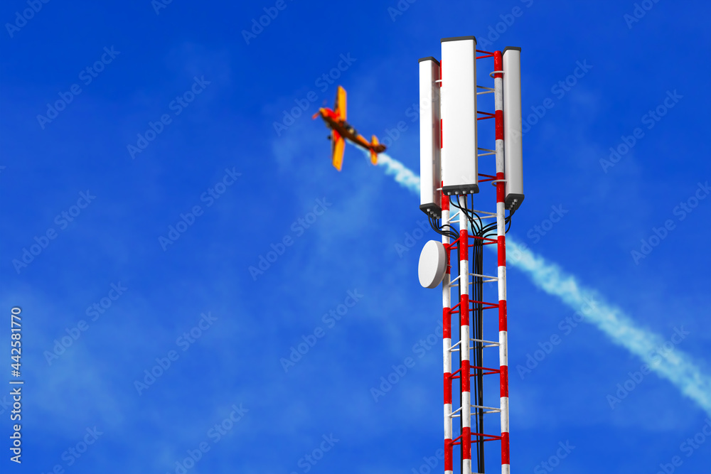 Closeup aerial view around of the telecommunication tower. Communication modern radio network concept. 3d render