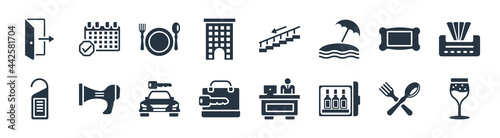 hotel and restaurant filled icons. glyph vector icons such as wine glass, minibar, left-luggage, door hanger, pillow, meal, go down, reservation sign isolated on white background.