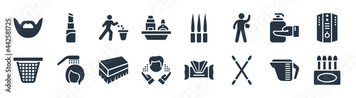 hygiene filled icons. glyph vector icons such as ear buds, cotton swab, face washer, laundry basket, epliator, throw, toothpick, lip balm sign isolated on white background.