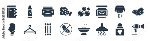 hygiene filled icons. glyph vector icons such as dryer, extractor, antibacterial, body shaming, hand dryer, hair tonic, bubbles, tooth paste sign isolated on white background.