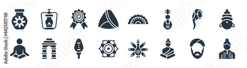 india filled icons. glyph vector icons such as india mother, buddha, chakra, lakshmi, indian elephant, india badge, gujjia, oil lamp sign isolated on white background.