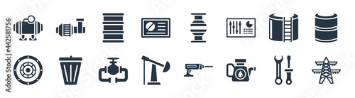 industry filled icons. glyph vector icons such as power line, oiler, oilfield, industrial tread, storage tank, barrel, press, pump sign isolated on white background.